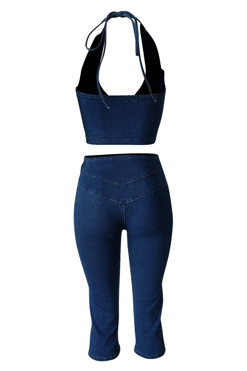Off-Shoulder Tie Denim Shorts Set