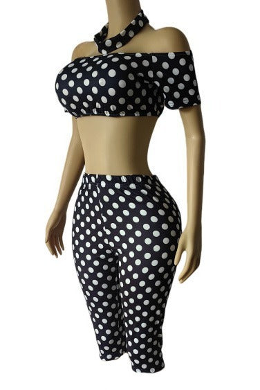 Polka Dot Off Shoulder Biker Shorts Set