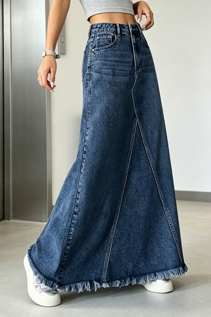 Raw-Hem Godet Denim Maxi Skirt