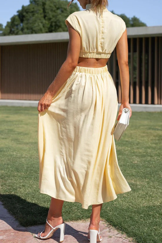 Mock Neck Cut Out Pleated Maxi Dress