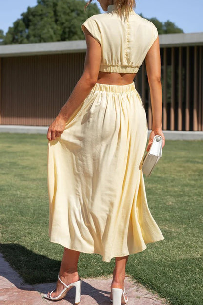Mock Neck Cut Out Pleated Maxi Dress