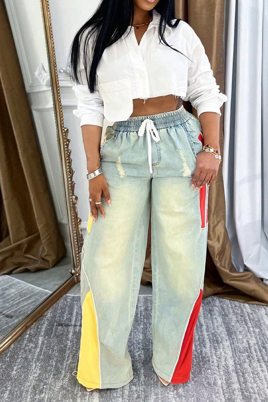 Colorblock Gradient Straight-Leg Denim Pants