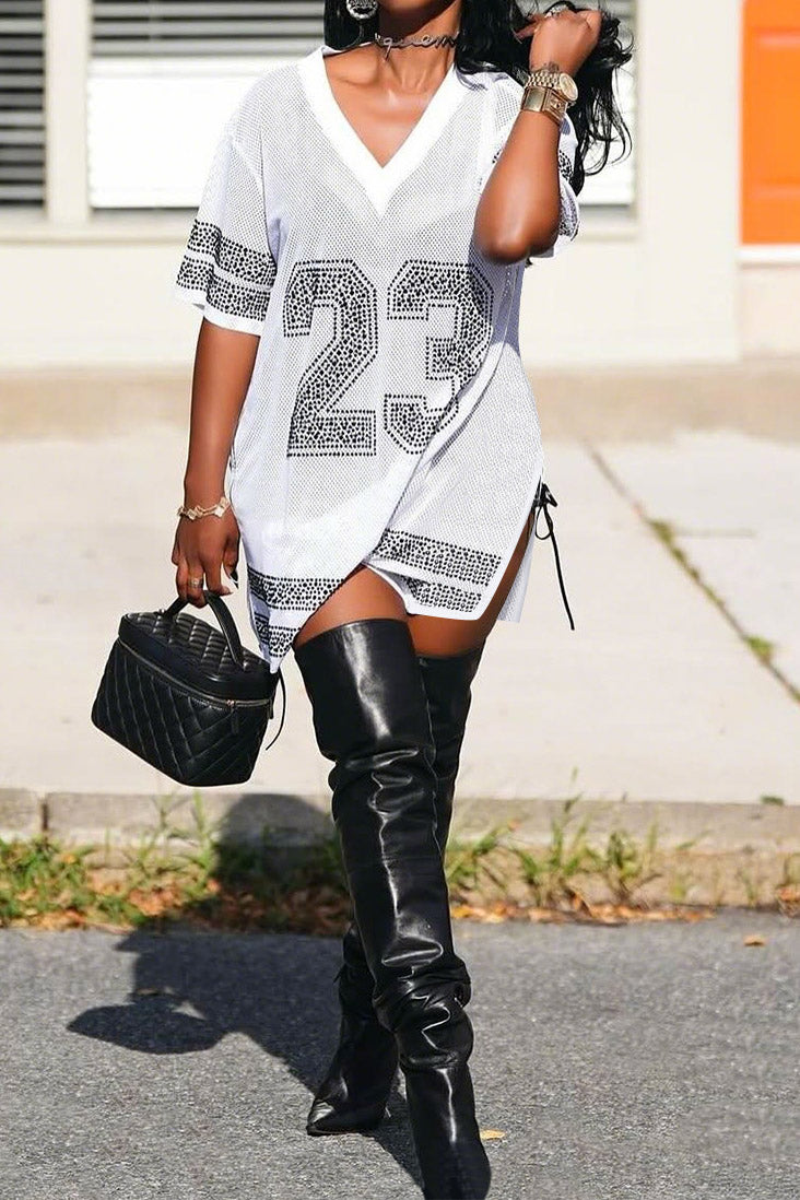 Rhinestone 23 Sheer Mesh Jersey Tunic