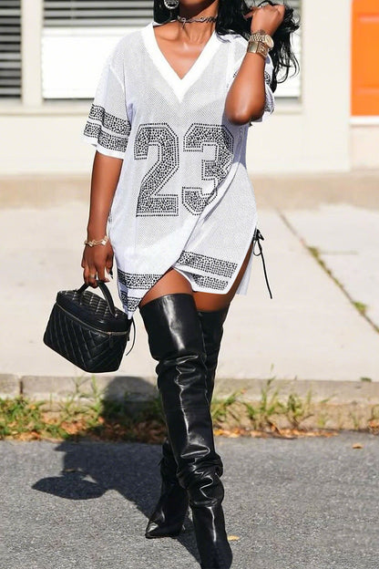 Rhinestone 23 Sheer Mesh Jersey Tunic