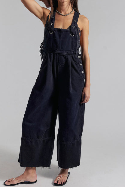 Pleated Wide Leg Denim Overalls