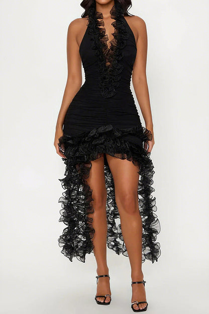 High Neck Cut Out Front Frilly Mini Dress