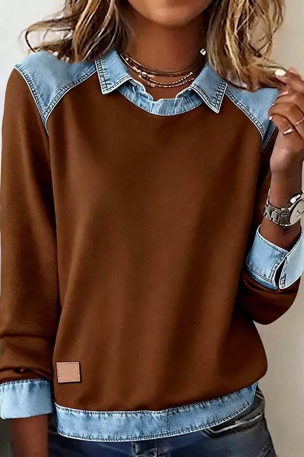 Denim Collar Long Sleeve Knit Pullover Top