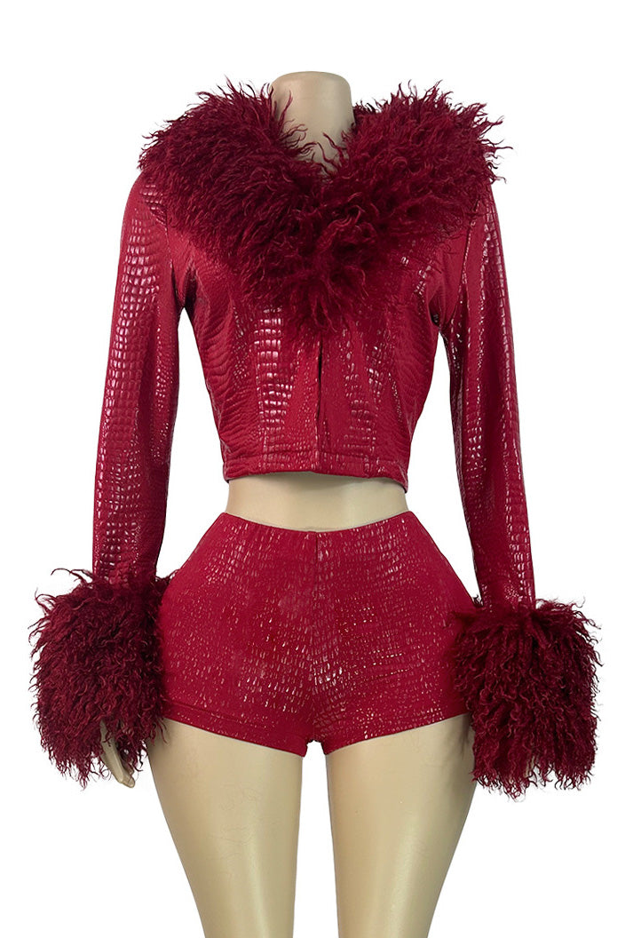 Fur Collar & Cuff Metallic Top and Shorts Set