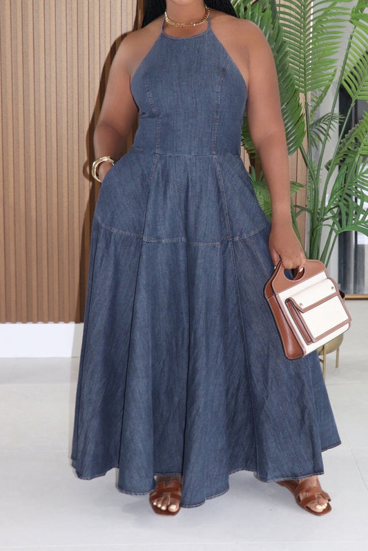 Halter Neck Tiered A-Line Denim Maxi Dress
