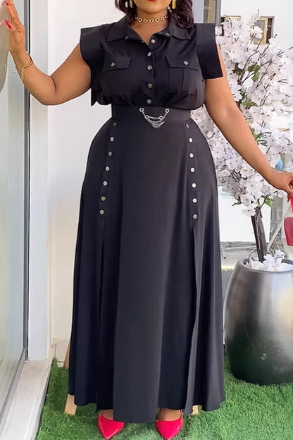 Solid Color Sleeveless Workwear Slit Dress Set