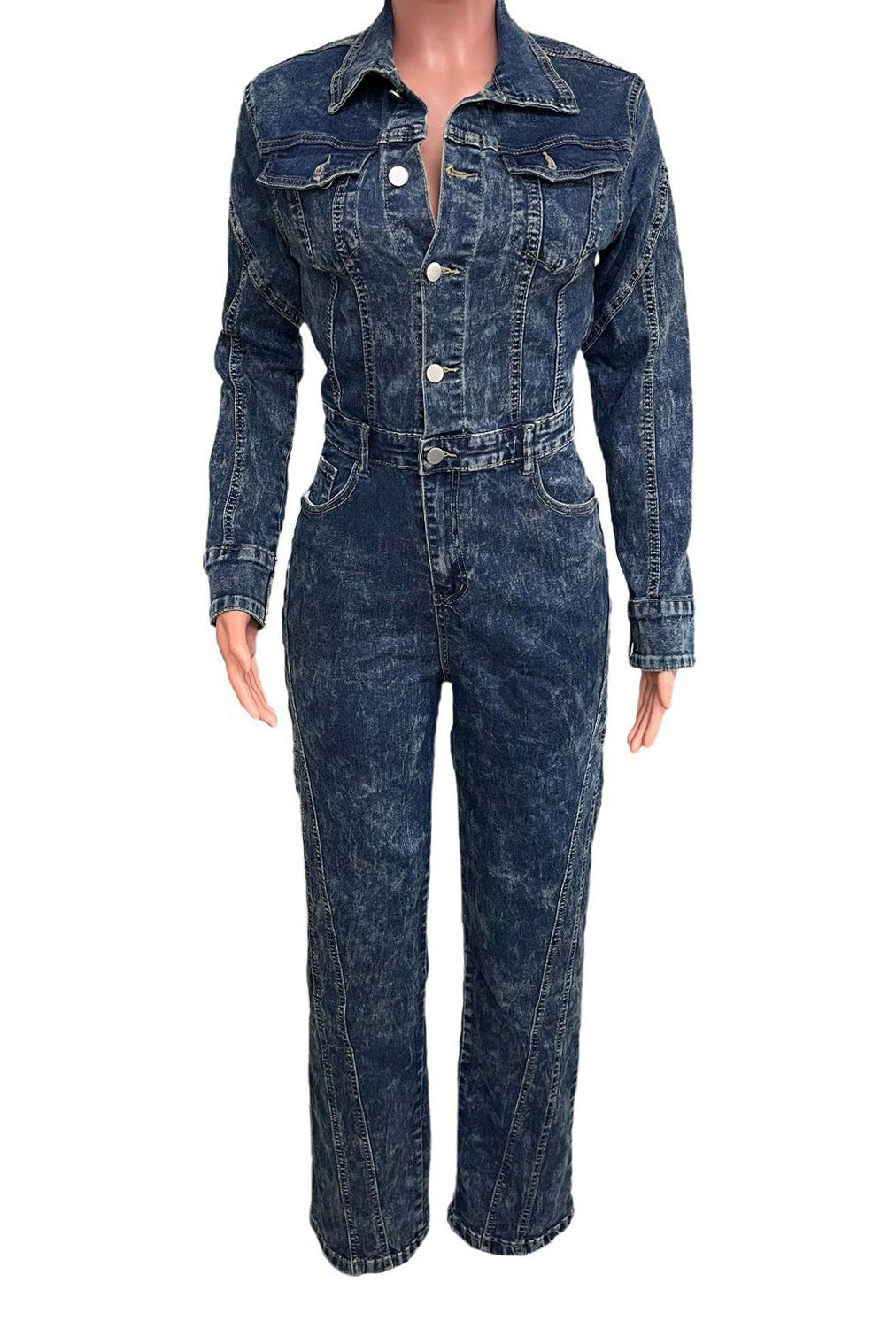 Washed Long Sleeve Denim Jumpsuit