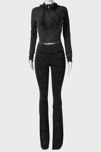Washed Distressed Hooded Flare Pant Sets