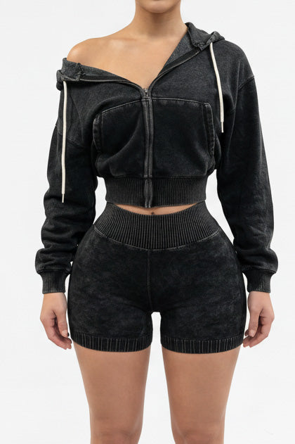Mineral Wash Zip Hoodie & Shorts Set