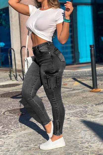 Solid Side Zipper Skinny Jeans