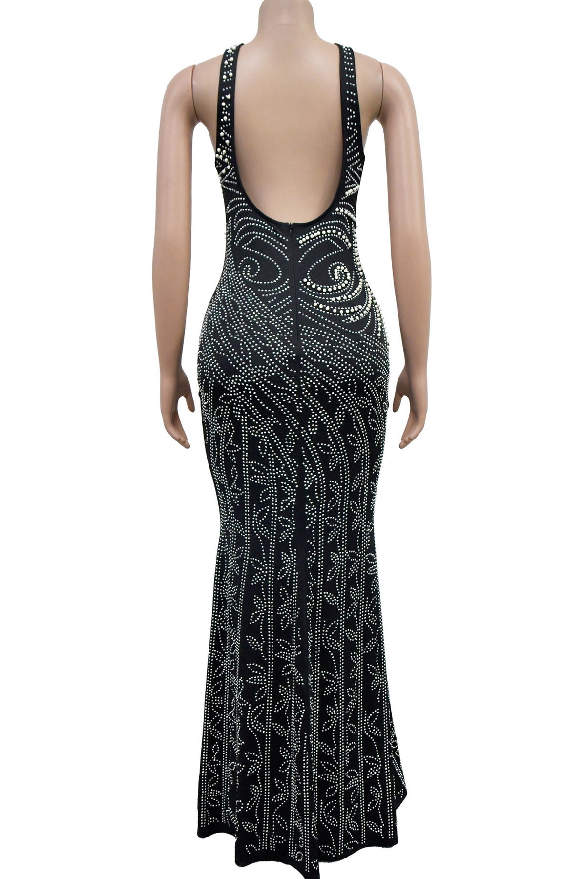 Solid Rhinestone Backless Split Maxi Dress