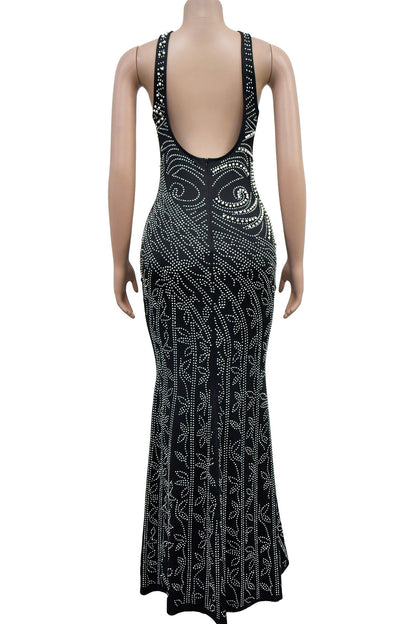 Solid Rhinestone Backless Split Maxi Dress