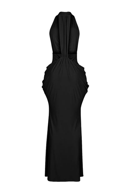 Plunging Halter Beaded Cutout Maxi Dress