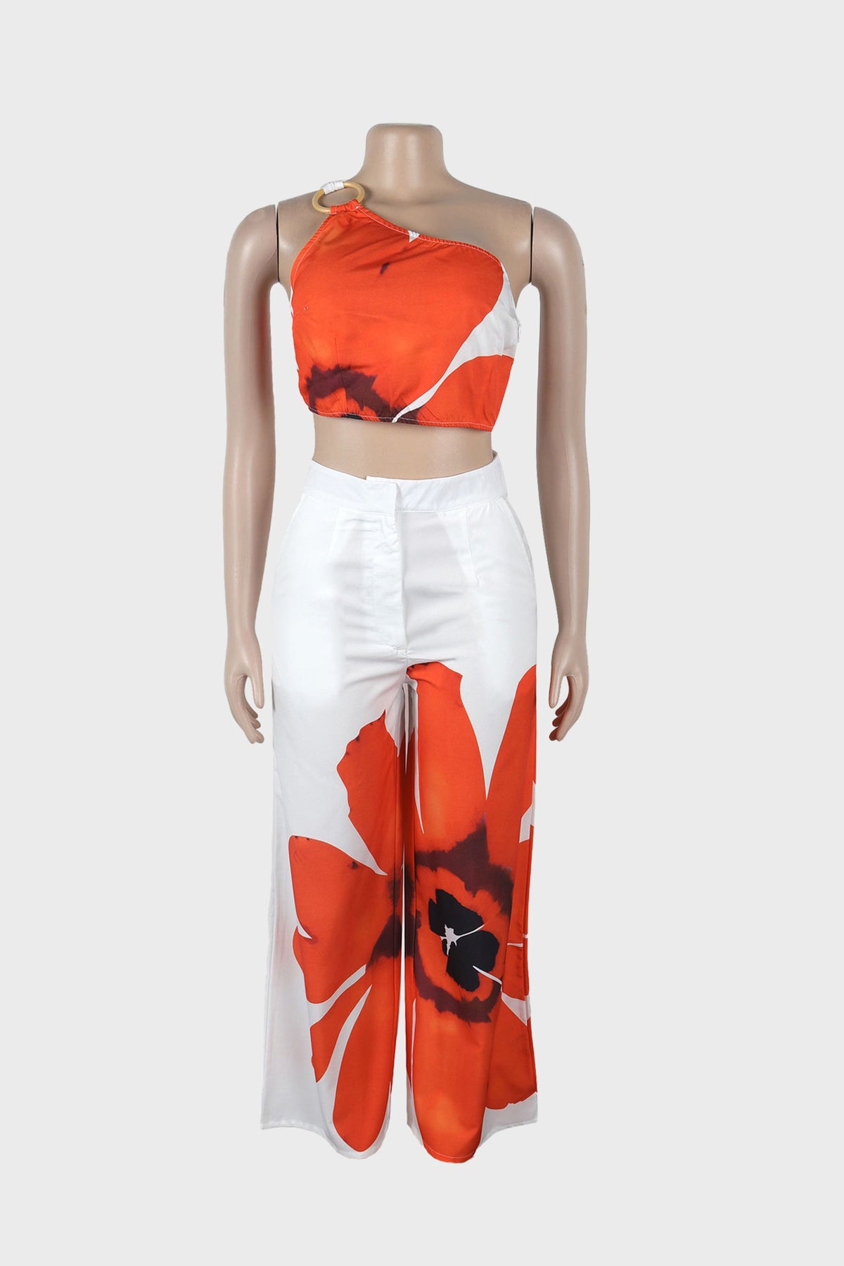 Printed One-Shoulder Top & Wide Leg Pants Set