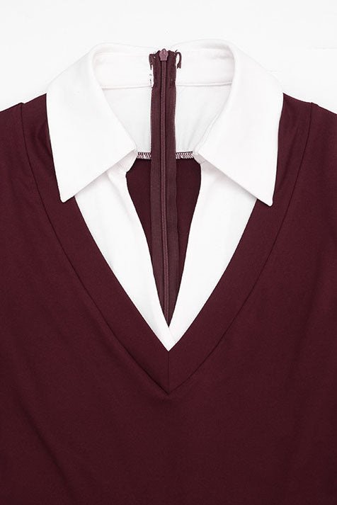 Contrast-Collar V-Neck Long-Sleeve Romper
