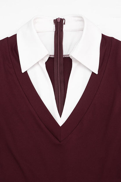 Contrast-Collar V-Neck Long-Sleeve Romper