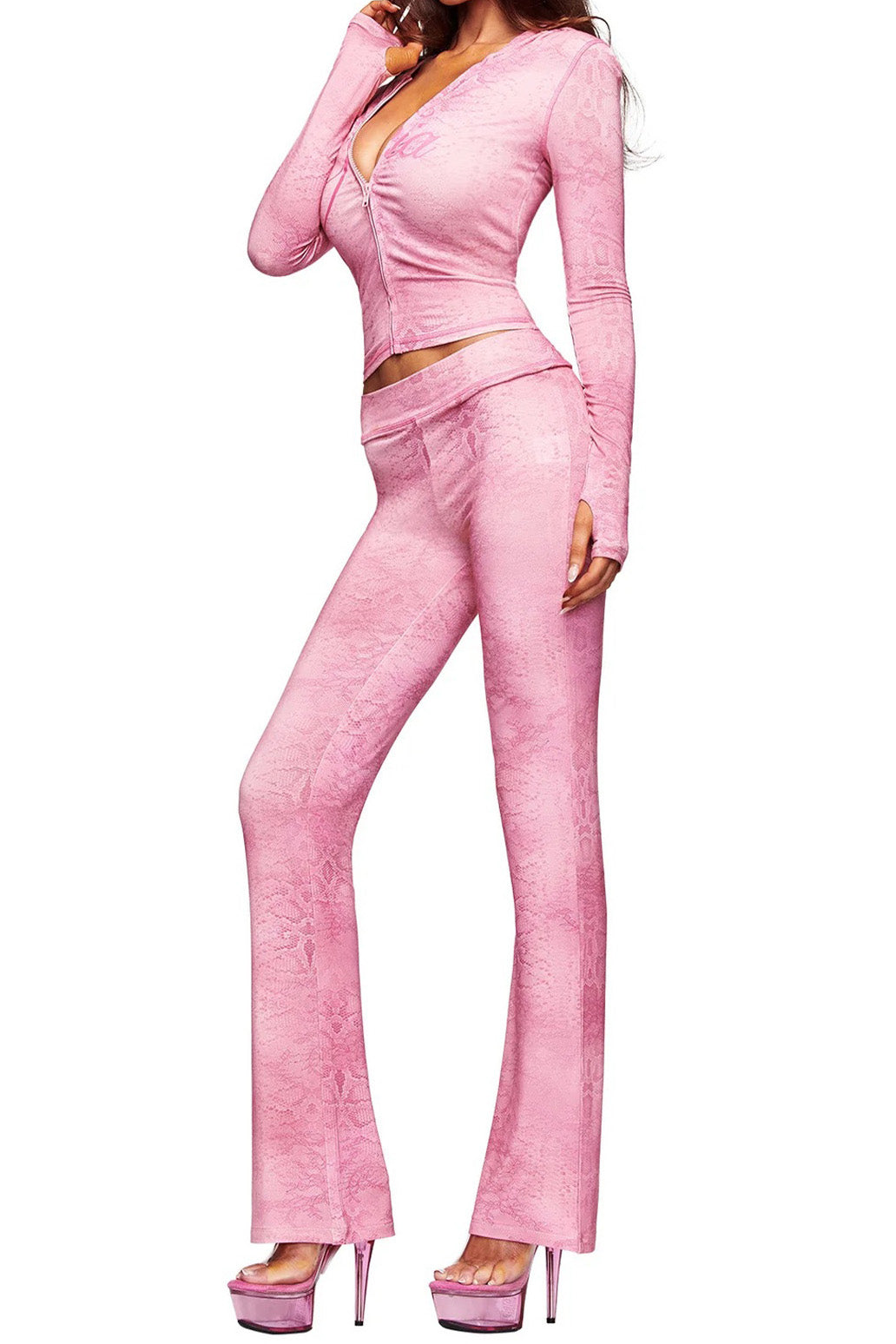 All-Over Print Zip-Up Hoodie & Flare Pant Set
