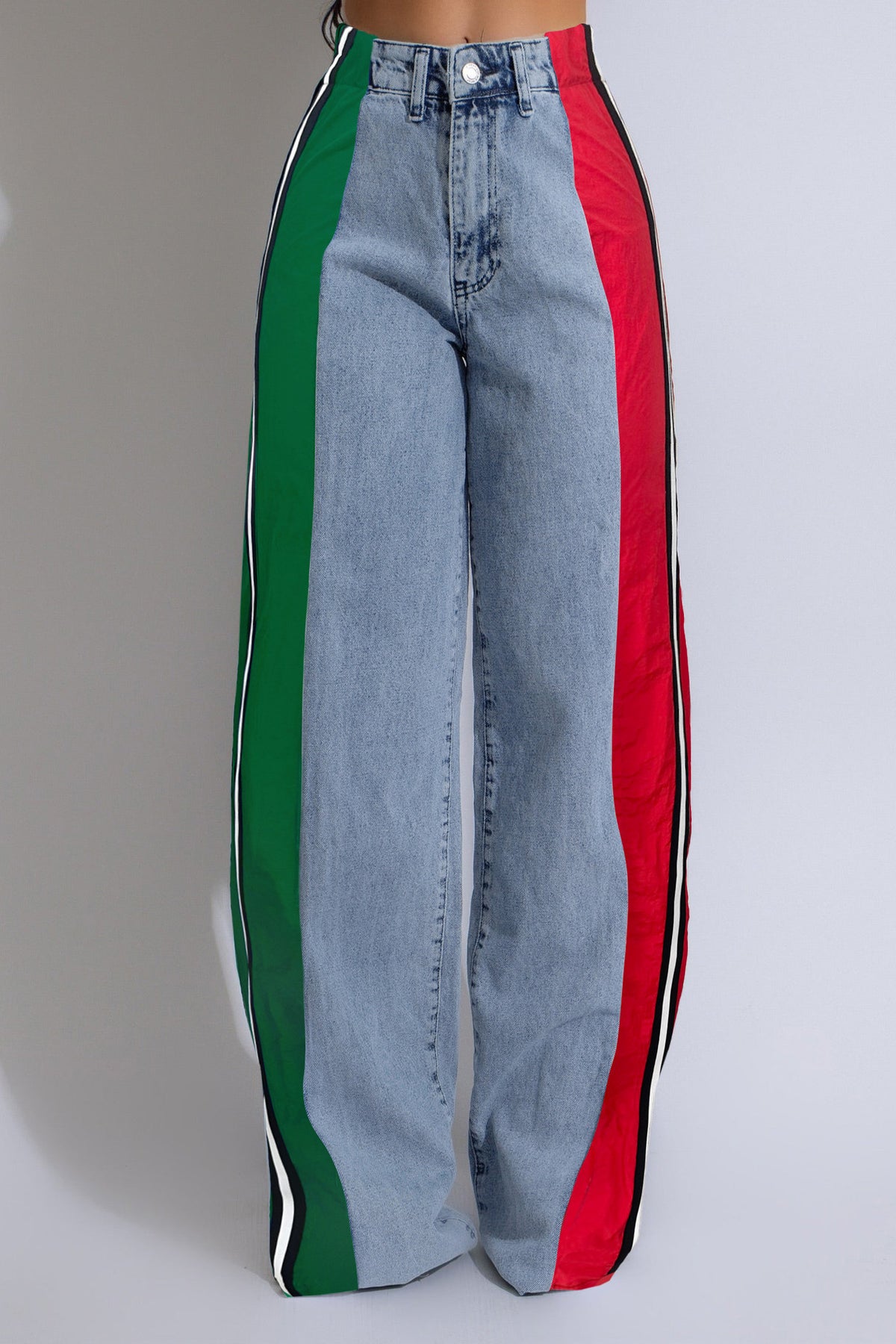 Wide Jeans with Wide Contrast Side Lines-Light Blue