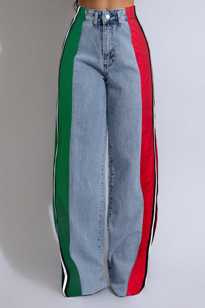 Wide Jeans with Wide Contrast Side Lines-Light Blue
