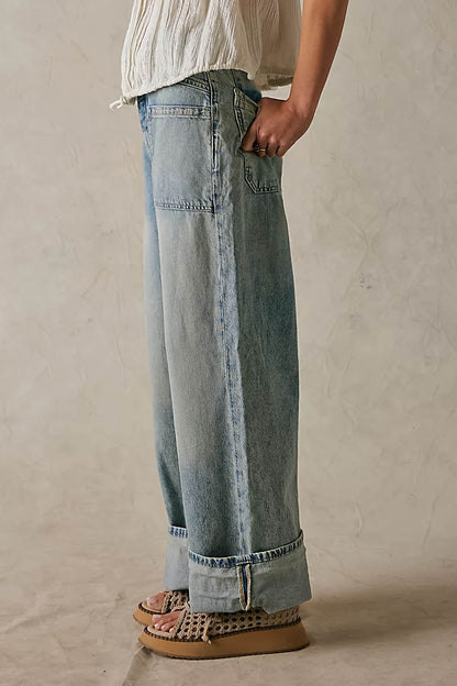 Washed Wide Leg Cuffed Jeans