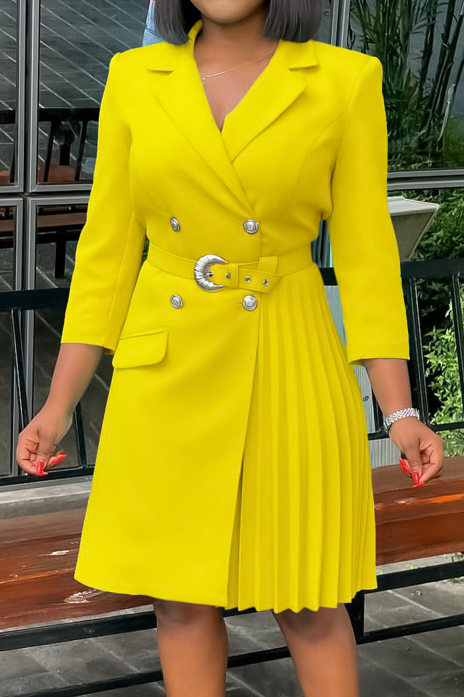 Pleated Patchwork Midi Blazer Dress