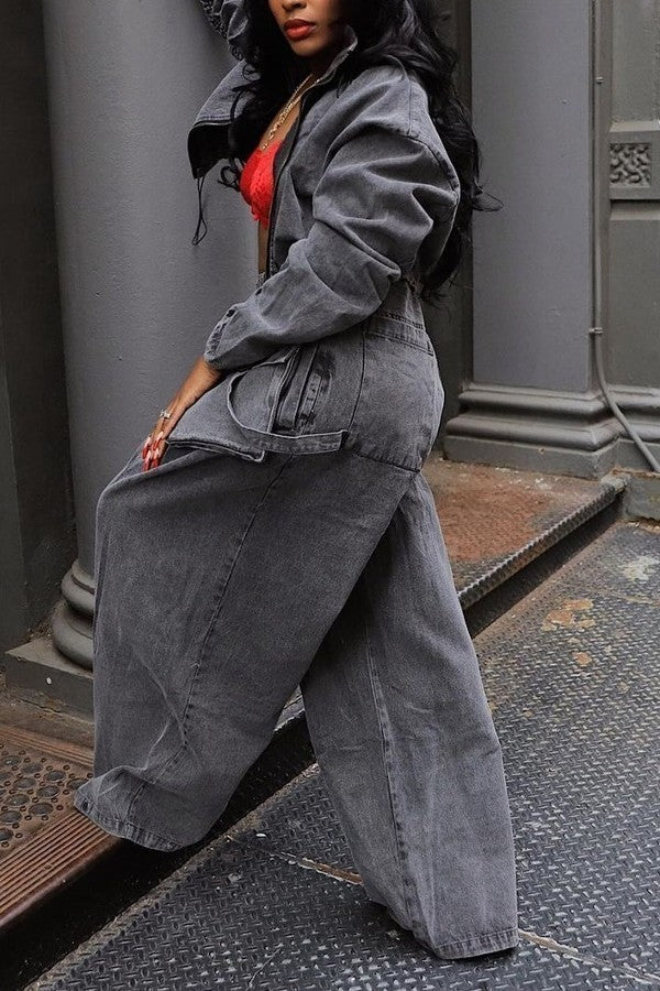Vintage Washed Denim Two Piece Set