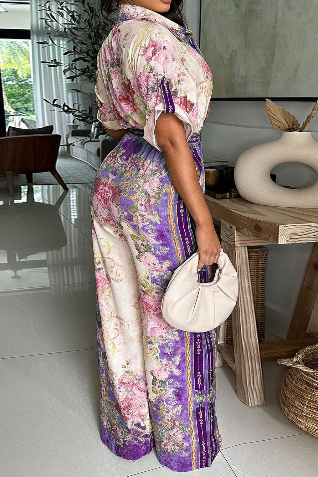 Floral Collared Wide Leg Jumpsuit