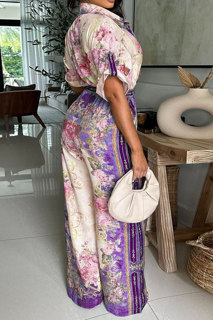 Floral Collared Wide Leg Jumpsuit