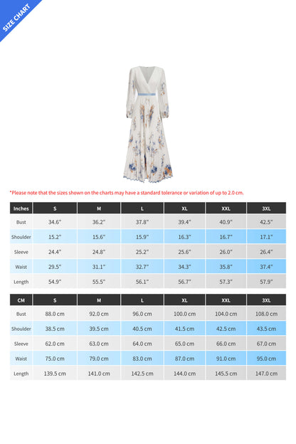 V Neck Floral Long Sleeve A Line Maxi Dress