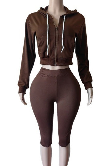 Cropped Zip Hoodie Biker Shorts Set