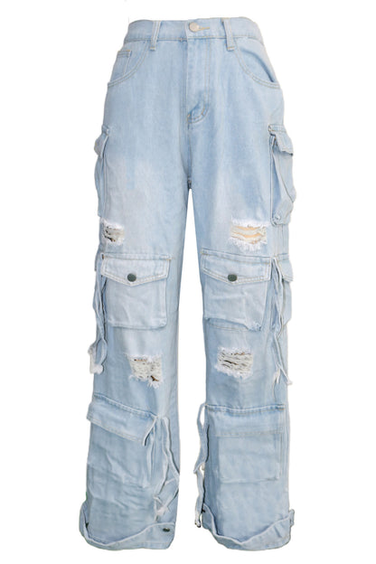 Distressed Cargo Jeans with Multi Pockets