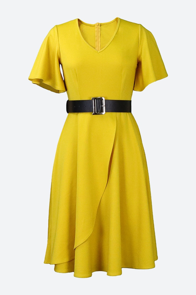 Bell Sleeve Solid Color Belt Dress