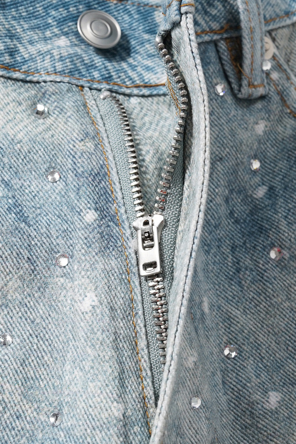Loose Fit Denim Capri Pants with Rhinestones
