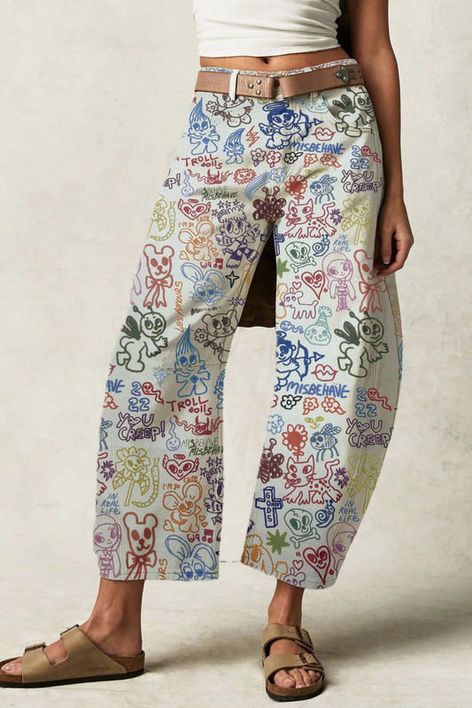 Doodle Print Relaxed Barrel Leg Jeans