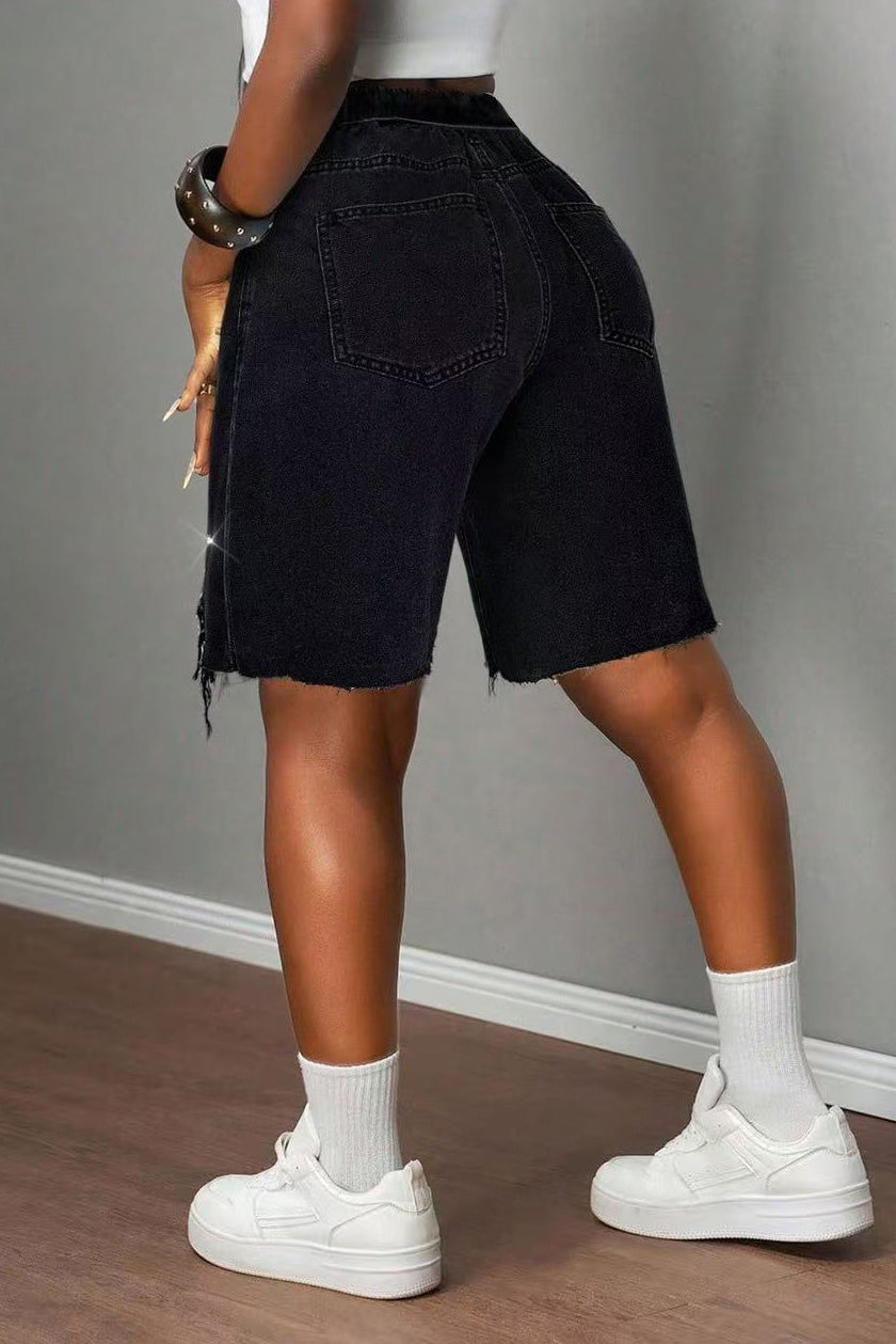 Rhinestone Distressed Denim Bermuda Shorts