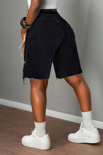 Rhinestone Distressed Denim Bermuda Shorts