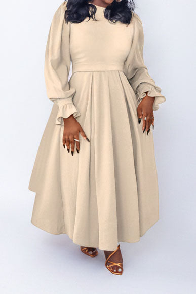 Plus Size Ruffle Cuff Pleated A-Line Midi Dress