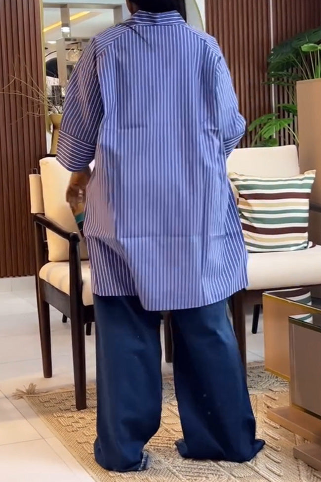 Blue Striped Loose Fit Long Sleeve Shirt