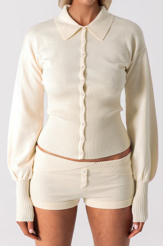 Knit Collared Long Sleeve Cardigan Shorts Set