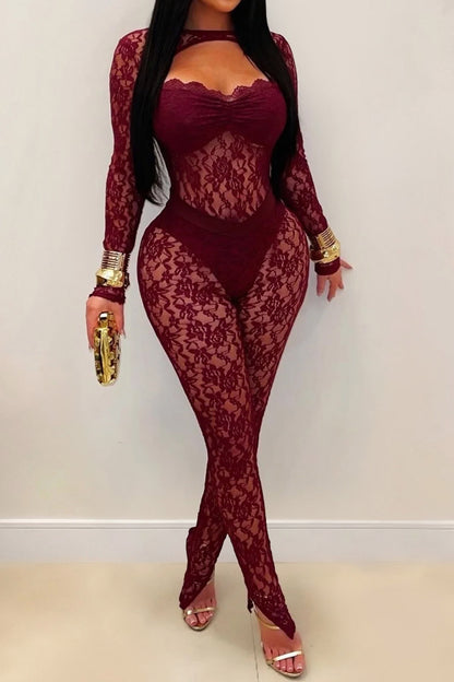 Sheer Lace Long-Sleeve Cutout Jumpsuit