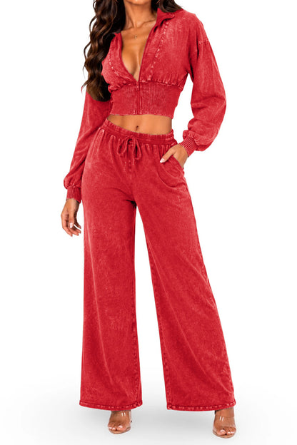 Washed Cropped Zip Jacket Wide Leg Pants Set
