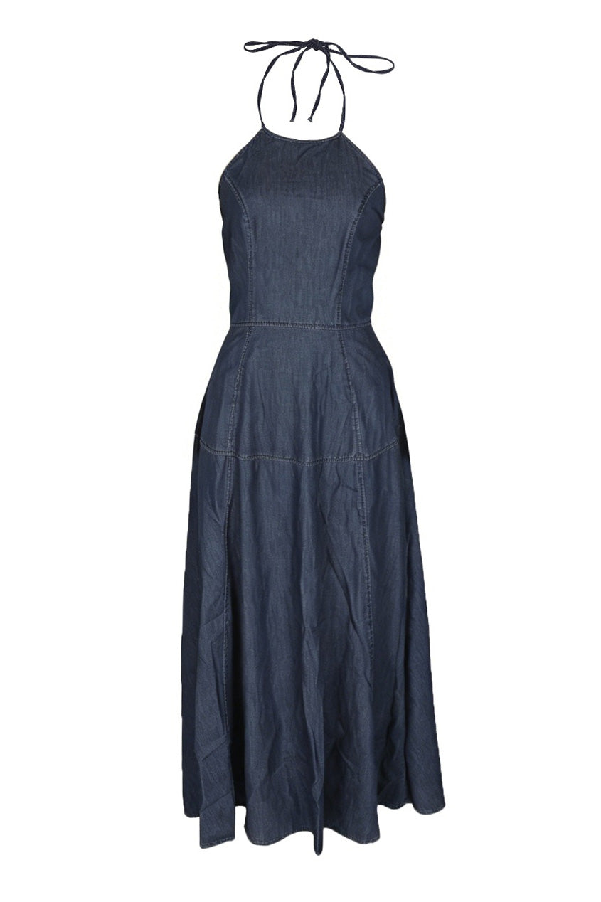 Halter Neck Tiered A-Line Denim Maxi Dress