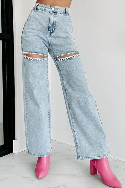 Mid Rise Crystal Slit Knee Jeans