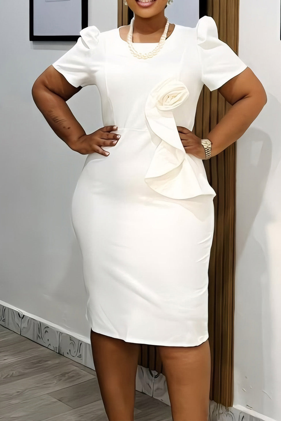 Ruffled Short Sleeve Midi Dress