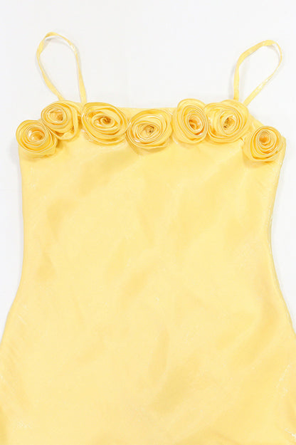 3D Floral Rosette Satin Maxi Dress