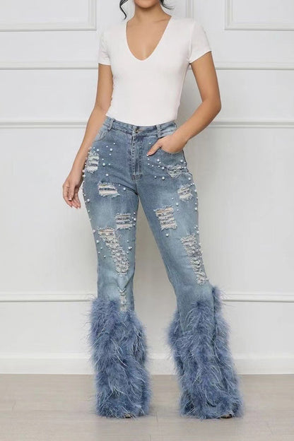 Feather Detail Ripped Denim Jeans